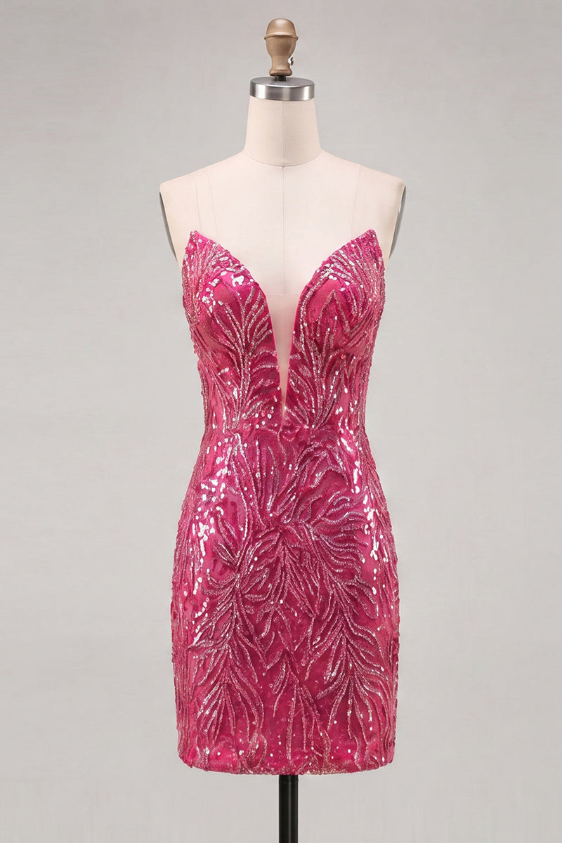 Laden Sie das Bild in den Galerie-Viewer, Glitzerndes Fuchsia Sweetheart Bodycon Pailletten-Homecoming-Kleid mit Schnürung hinten