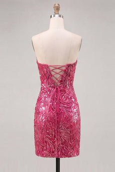 Glitzerndes Fuchsia Sweetheart Bodycon Pailletten Kurzes Abendkleid mit Schnürung hinten