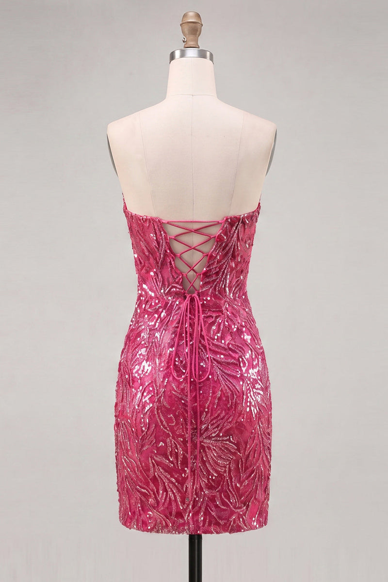Laden Sie das Bild in den Galerie-Viewer, Glitzerndes Fuchsia Sweetheart Bodycon Pailletten-Homecoming-Kleid mit Schnürung hinten