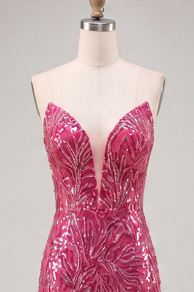 Laden Sie das Bild in den Galerie-Viewer, Glitzerndes Fuchsia Sweetheart Bodycon Pailletten-Homecoming-Kleid mit Schnürung hinten