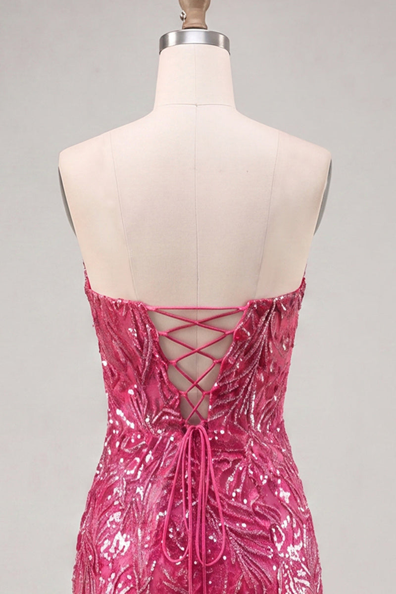 Laden Sie das Bild in den Galerie-Viewer, Glitzerndes Fuchsia Sweetheart Bodycon Pailletten-Homecoming-Kleid mit Schnürung hinten