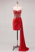 Laden Sie das Bild in den Galerie-Viewer, Sweetheart Red Bodycon transparentes Korsett mit gerafften Pailletten Homecoming-Kleid mit Schärpe