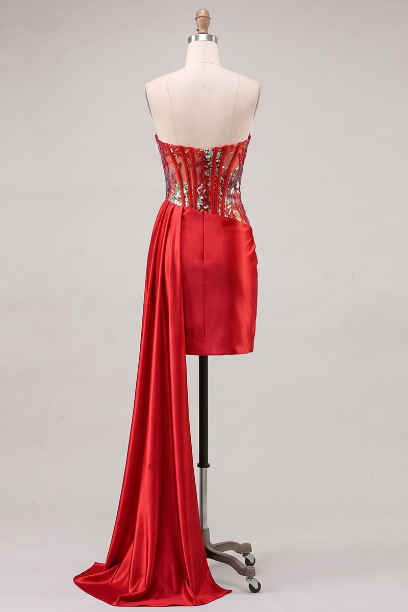 Laden Sie das Bild in den Galerie-Viewer, Sweetheart Red Bodycon transparentes Korsett mit gerafften Pailletten Homecoming-Kleid mit Schärpe