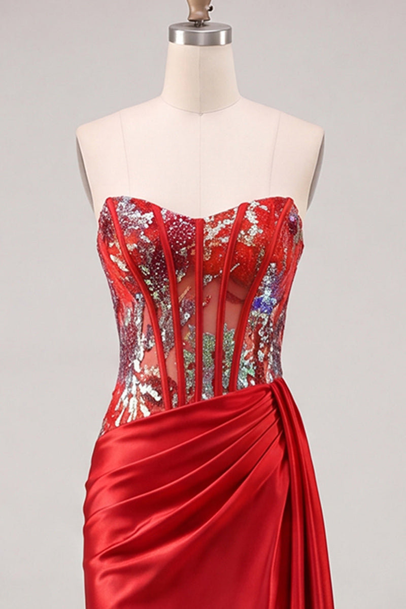 Laden Sie das Bild in den Galerie-Viewer, Sweetheart Red Bodycon transparentes Korsett mit gerafften Pailletten Homecoming-Kleid mit Schärpe