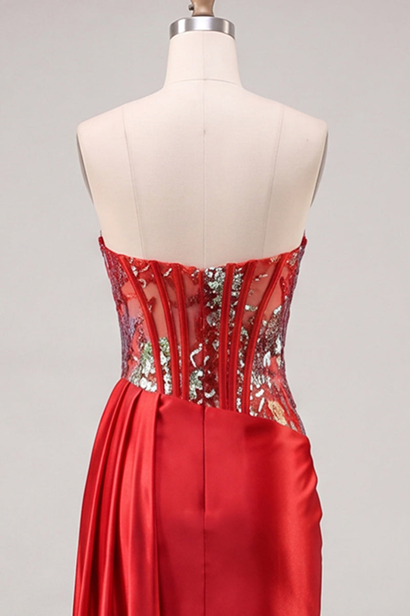 Laden Sie das Bild in den Galerie-Viewer, Sweetheart Red Bodycon transparentes Korsett mit gerafften Pailletten Homecoming-Kleid mit Schärpe
