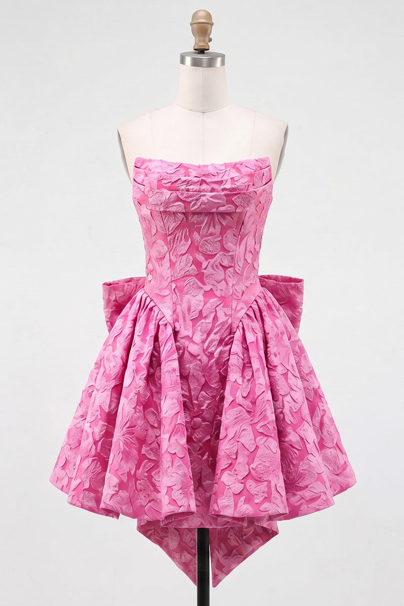 Laden Sie das Bild in den Galerie-Viewer, Knallpinkes, trägerloses, geblümtes A-Line-Jacquard-Bow-Homecoming-Kleid mit Schnürung hinten