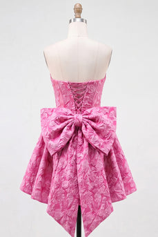 Knallpinkes Trägerloses Geblümtes A-Linie Jacquard Schleife Kurzes Abendkleid mit Schnürung hinten
