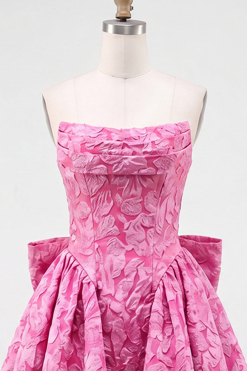 Laden Sie das Bild in den Galerie-Viewer, Knallpinkes, trägerloses, geblümtes A-Line-Jacquard-Bow-Homecoming-Kleid mit Schnürung hinten