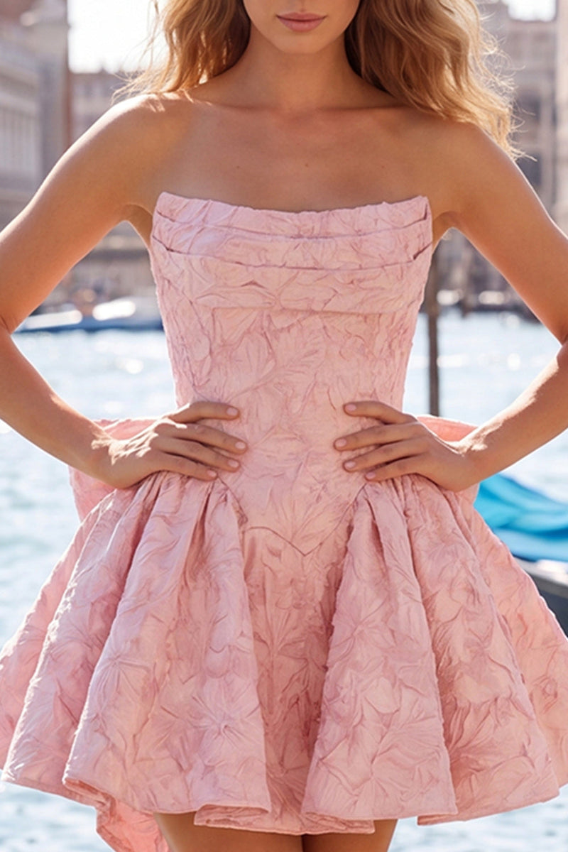 Laden Sie das Bild in den Galerie-Viewer, Knallpinkes, trägerloses, geblümtes A-Line-Jacquard-Bow-Homecoming-Kleid mit Schnürung hinten