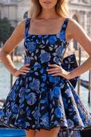 Laden Sie das Bild in den Galerie-Viewer, A-Linie hellblaues Jacquard-Bow-Homecoming-Kleid mit Spitze hinten