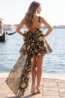 Laden Sie das Bild in den Galerie-Viewer, A-Linie hellblaues Jacquard-Bow-Homecoming-Kleid mit Spitze hinten