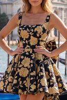 Laden Sie das Bild in den Galerie-Viewer, A-Linie hellblaues Jacquard-Bow-Homecoming-Kleid mit Spitze hinten