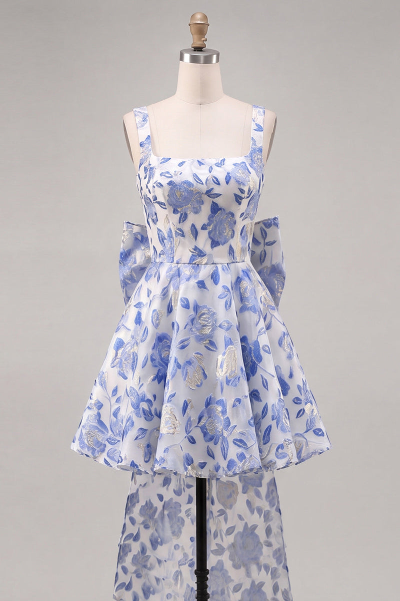 Laden Sie das Bild in den Galerie-Viewer, A-Linie hellblaues Jacquard-Bow-Homecoming-Kleid mit Spitze hinten