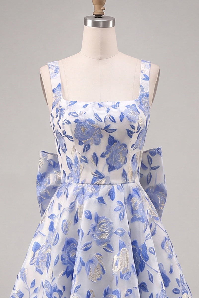 Laden Sie das Bild in den Galerie-Viewer, A-Linie hellblaues Jacquard-Bow-Homecoming-Kleid mit Spitze hinten