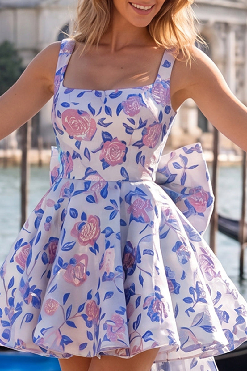 Laden Sie das Bild in den Galerie-Viewer, A-Linie hellblaues Jacquard-Bow-Homecoming-Kleid mit Spitze hinten