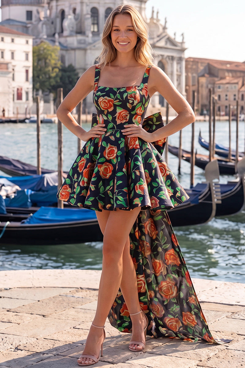 Laden Sie das Bild in den Galerie-Viewer, A-Linie hellblaues Jacquard-Bow-Homecoming-Kleid mit Spitze hinten