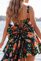 Laden Sie das Bild in den Galerie-Viewer, A-Linie hellblaues Jacquard-Bow-Homecoming-Kleid mit Spitze hinten