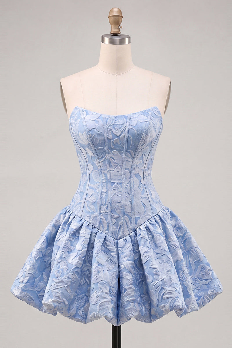 Laden Sie das Bild in den Galerie-Viewer, A-Line blaues Jacquard-Blumenkorsett Trägerloses Homecoming-Kleid