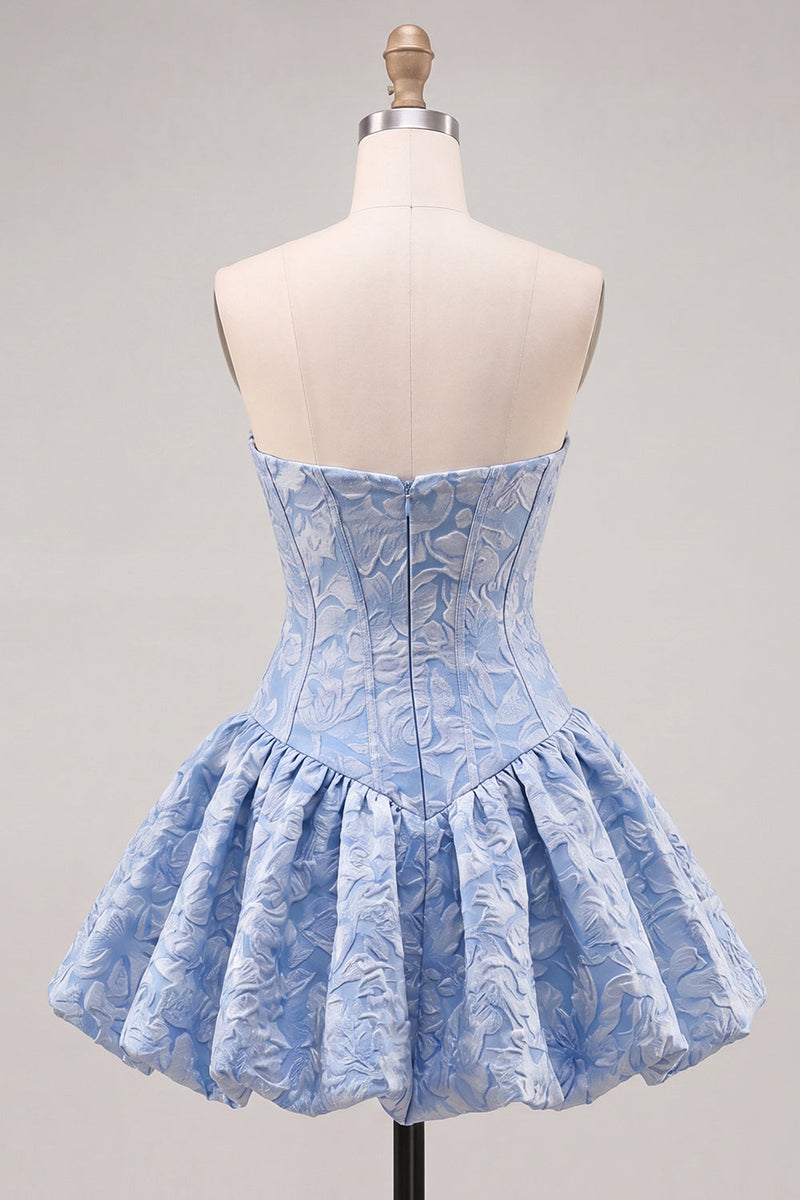 Laden Sie das Bild in den Galerie-Viewer, A-Line blaues Jacquard-Blumenkorsett Trägerloses Homecoming-Kleid