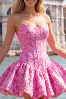 Laden Sie das Bild in den Galerie-Viewer, A-Line blaues Jacquard-Blumenkorsett Trägerloses Homecoming-Kleid
