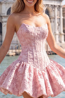 Laden Sie das Bild in den Galerie-Viewer, A-Line blaues Jacquard-Blumenkorsett Trägerloses Homecoming-Kleid