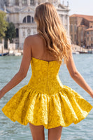 Laden Sie das Bild in den Galerie-Viewer, A-Line blaues Jacquard-Blumenkorsett Trägerloses Homecoming-Kleid