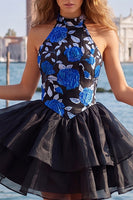 Laden Sie das Bild in den Galerie-Viewer, Gold- und schwarzes Neckholderhals-Hemdkleid mit Blumenmuster in A-Linie und Spitze hinten