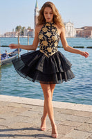 Laden Sie das Bild in den Galerie-Viewer, Gold- und schwarzes Neckholderhals-Hemdkleid mit Blumenmuster in A-Linie und Spitze hinten