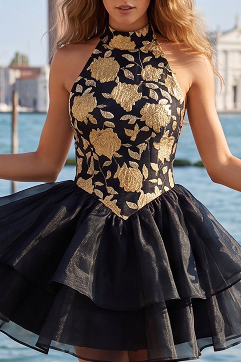 Laden Sie das Bild in den Galerie-Viewer, Gold- und schwarzes Neckholderhals-Hemdkleid mit Blumenmuster in A-Linie und Spitze hinten