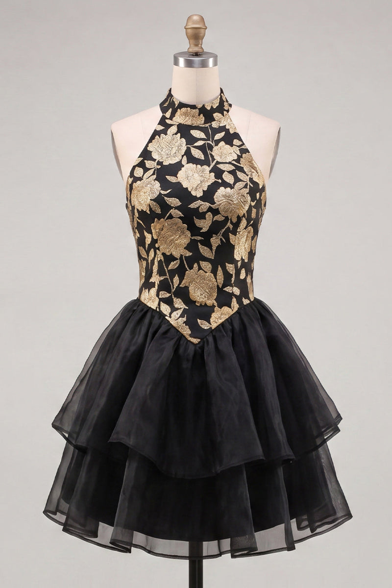 Laden Sie das Bild in den Galerie-Viewer, Gold- und schwarzes Neckholderhals-Hemdkleid mit Blumenmuster in A-Linie und Spitze hinten