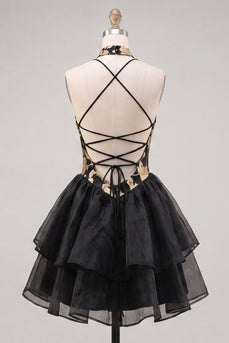 Gold- und schwarzes Neckholderhals Kurzes Abendkleid mit Blumenmuster in A-Linie und Schnürung hinten