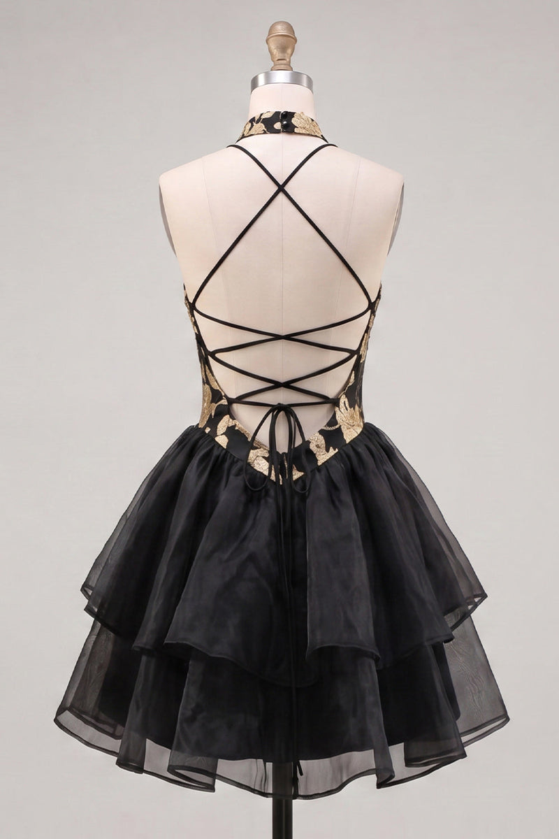 Laden Sie das Bild in den Galerie-Viewer, Gold- und schwarzes Neckholderhals-Hemdkleid mit Blumenmuster in A-Linie und Spitze hinten