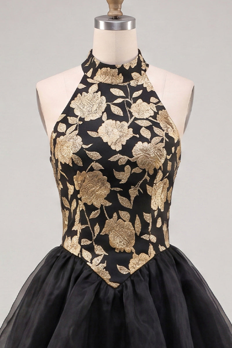 Laden Sie das Bild in den Galerie-Viewer, Gold- und schwarzes Neckholderhals-Hemdkleid mit Blumenmuster in A-Linie und Spitze hinten