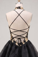 Laden Sie das Bild in den Galerie-Viewer, Gold- und schwarzes Neckholderhals-Hemdkleid mit Blumenmuster in A-Linie und Spitze hinten
