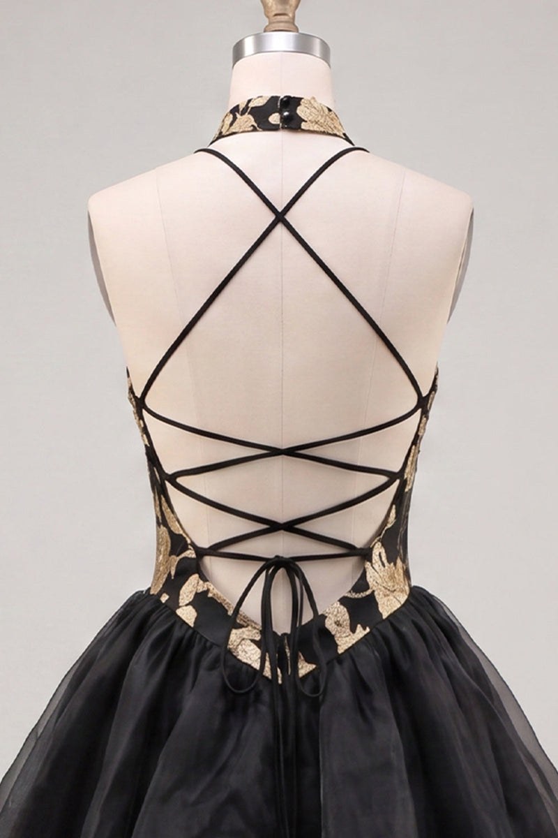 Laden Sie das Bild in den Galerie-Viewer, Gold- und schwarzes Neckholderhals-Hemdkleid mit Blumenmuster in A-Linie und Spitze hinten