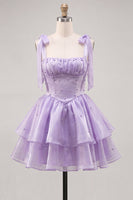 Laden Sie das Bild in den Galerie-Viewer, Lilac Pearl Mini Märchen-Homecoming-Kleid mit Stachel und Schnürung hinten