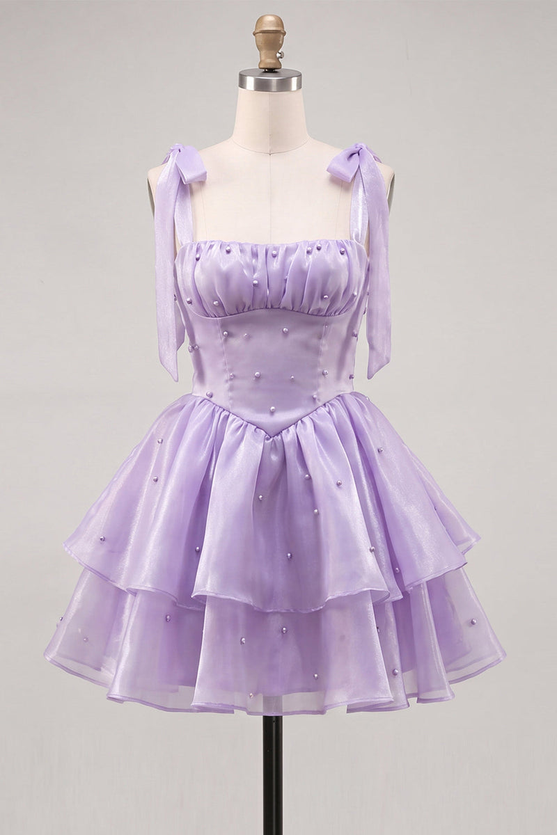 Laden Sie das Bild in den Galerie-Viewer, Lilac Pearl Mini Märchen-Homecoming-Kleid mit Stachel und Schnürung hinten