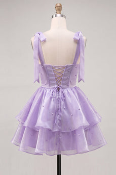 Flieder Perle Mini Märchen Kurzes Abendkleid mit Stachel und Schnürung hinten