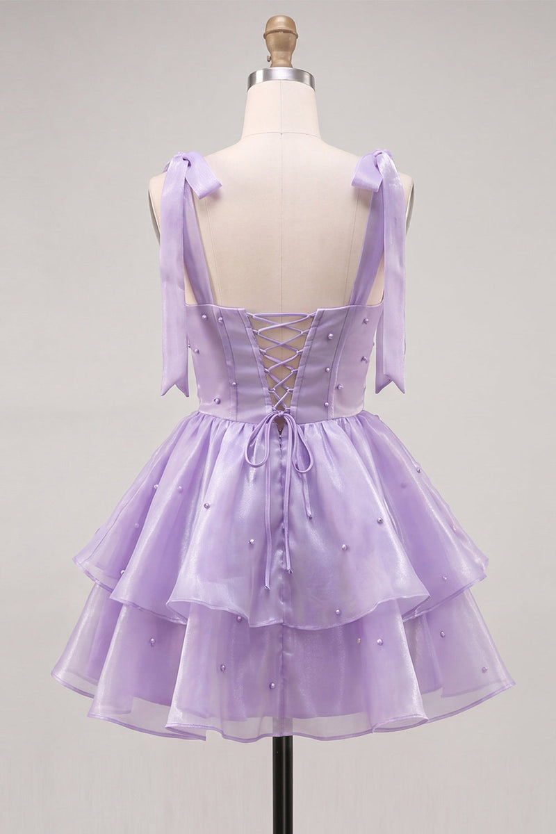 Laden Sie das Bild in den Galerie-Viewer, Lilac Pearl Mini Märchen-Homecoming-Kleid mit Stachel und Schnürung hinten