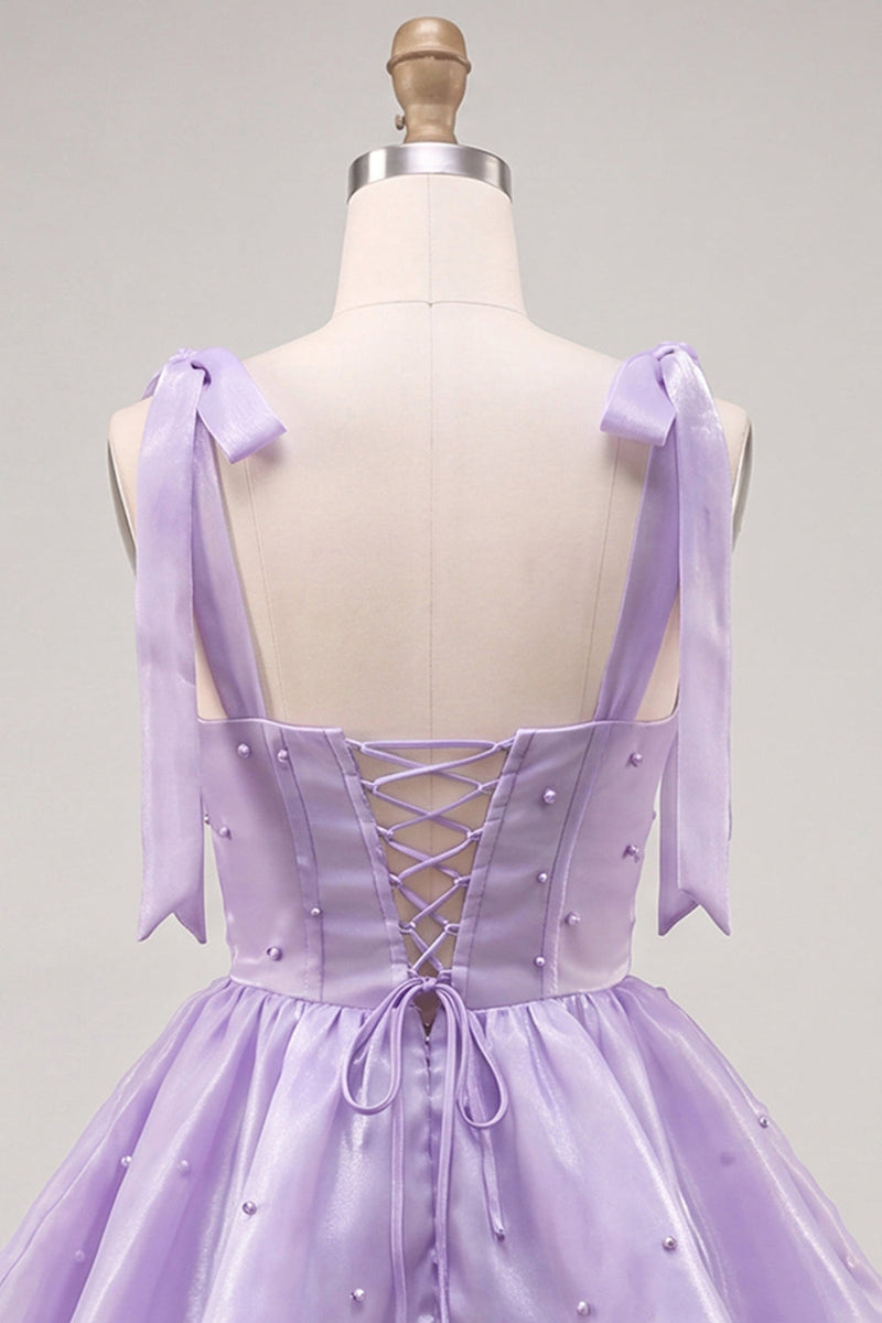 Laden Sie das Bild in den Galerie-Viewer, Lilac Pearl Mini Märchen-Homecoming-Kleid mit Stachel und Schnürung hinten