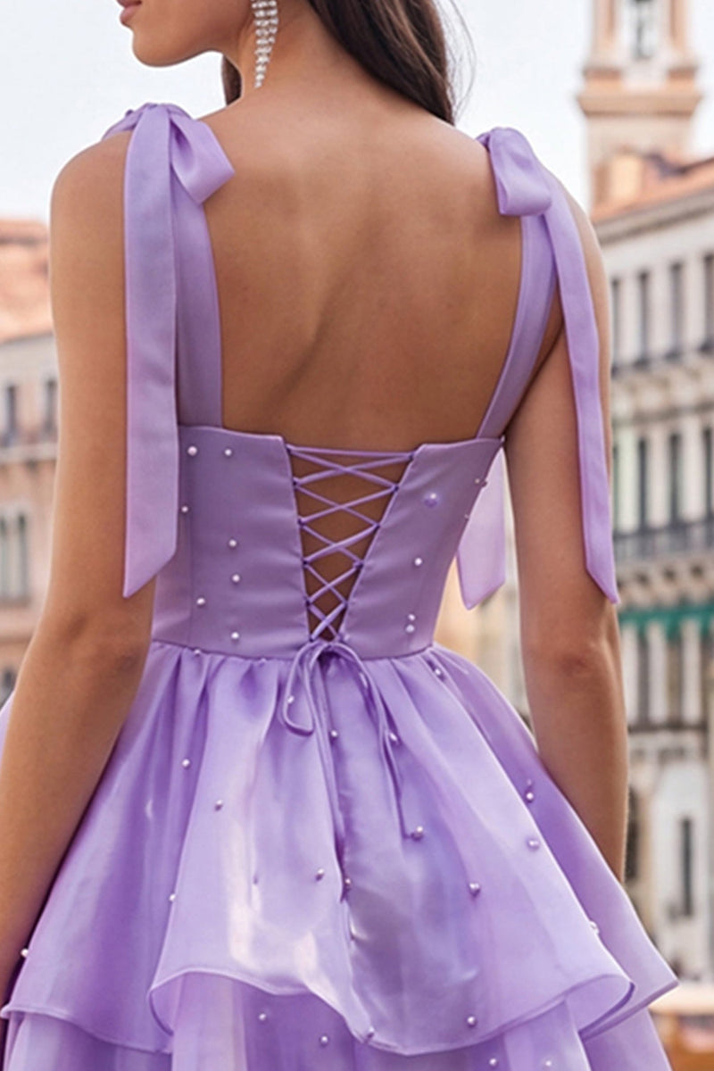 Laden Sie das Bild in den Galerie-Viewer, Lilac Pearl Mini Märchen-Homecoming-Kleid mit Stachel und Schnürung hinten