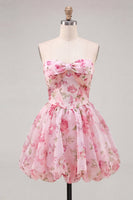 Laden Sie das Bild in den Galerie-Viewer, A-Linie pinkes Sweetheart-Chiffon-Homecoming-Kleid mit Spitze hinten