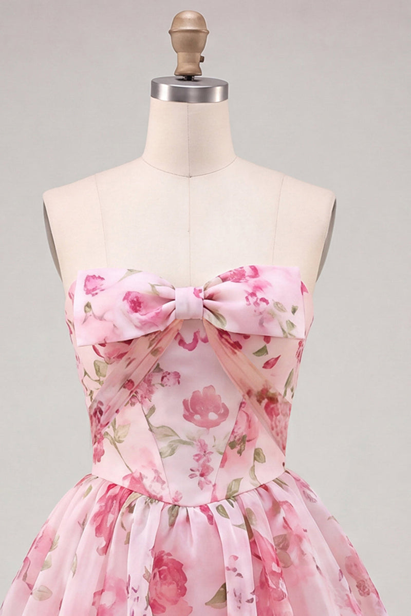 Laden Sie das Bild in den Galerie-Viewer, A-Linie pinkes Sweetheart-Chiffon-Homecoming-Kleid mit Spitze hinten