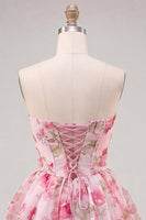 Laden Sie das Bild in den Galerie-Viewer, A-Linie pinkes Sweetheart-Chiffon-Homecoming-Kleid mit Spitze hinten