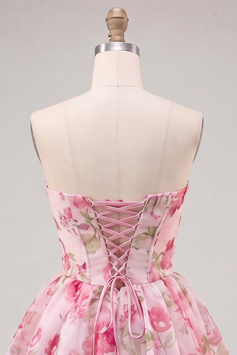 Laden Sie das Bild in den Galerie-Viewer, A-Linie pinkes Sweetheart-Chiffon-Homecoming-Kleid mit Spitze hinten