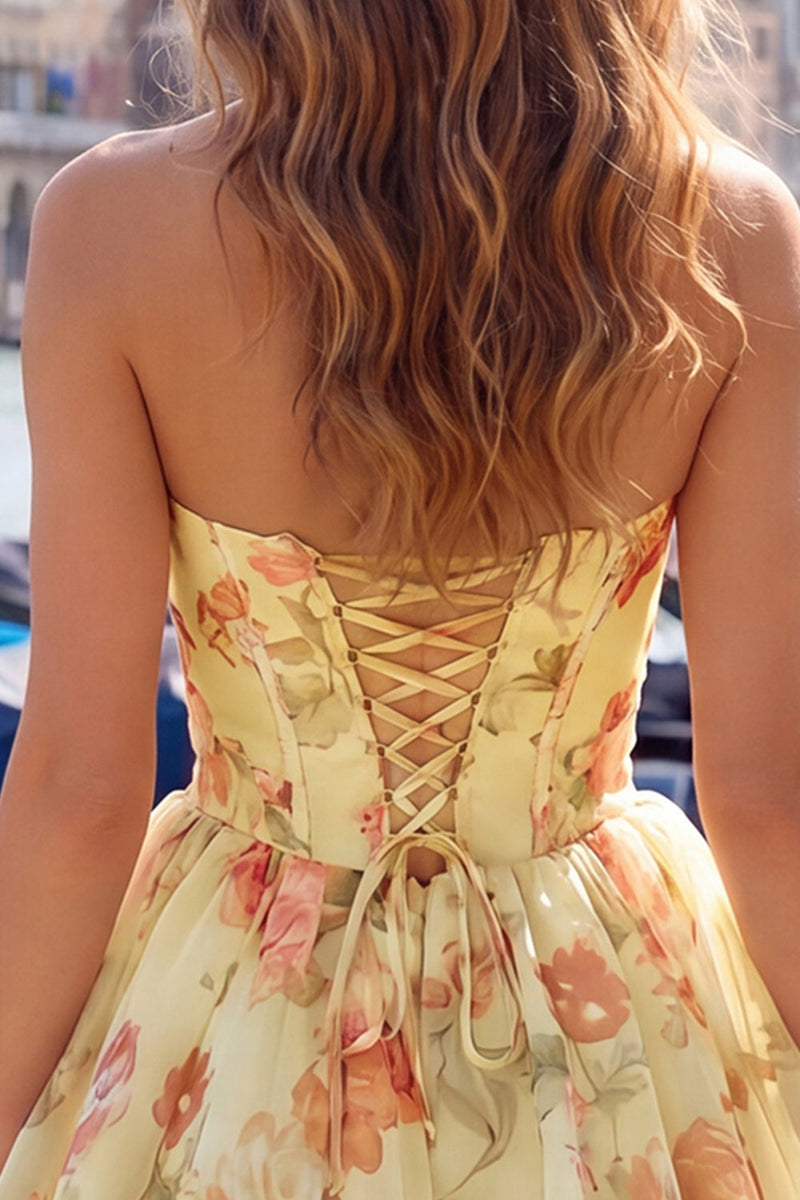 Laden Sie das Bild in den Galerie-Viewer, A-Linie pinkes Sweetheart-Chiffon-Homecoming-Kleid mit Spitze hinten