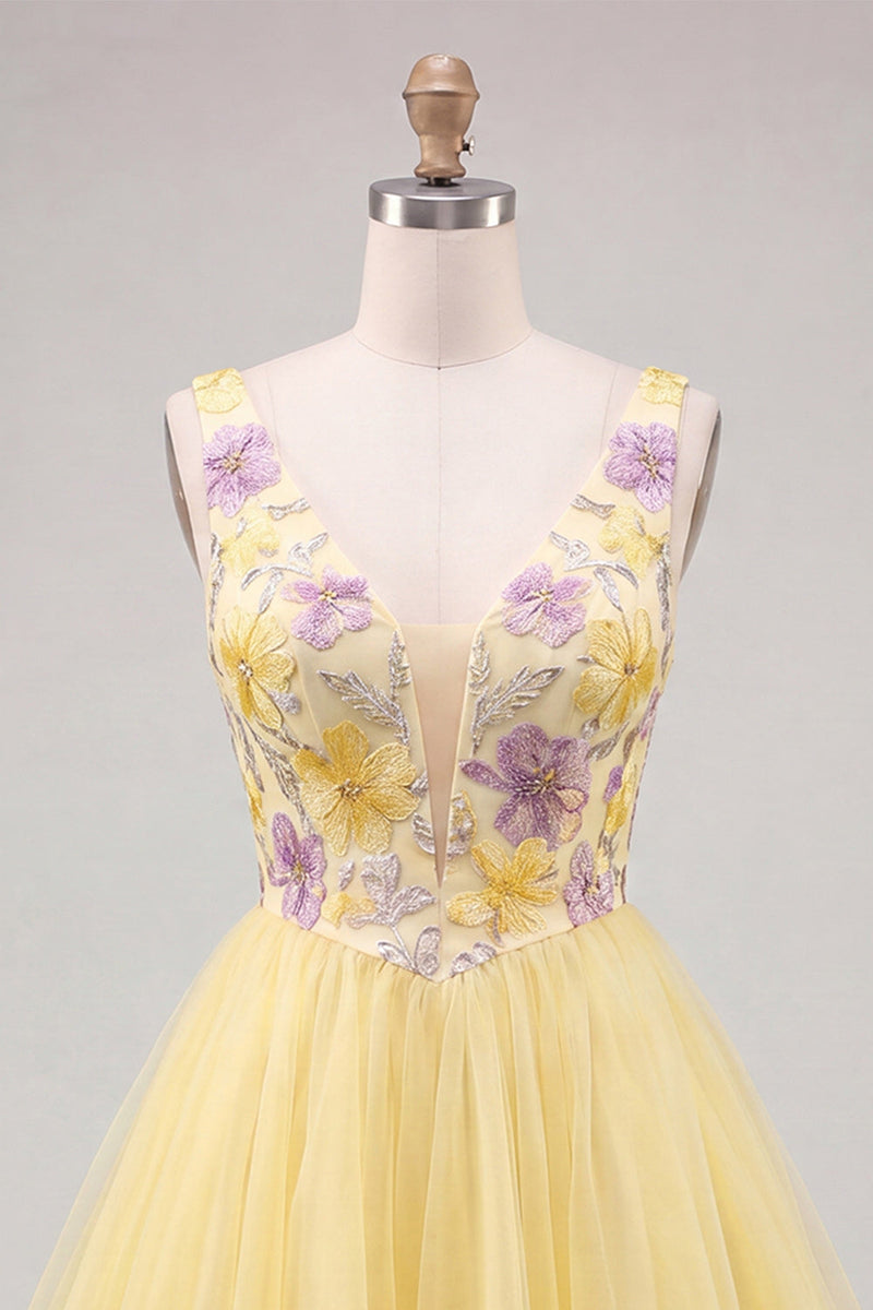 Laden Sie das Bild in den Galerie-Viewer, A-Linie gelbes V-Ausschnitt Blumenpailletten-Homecoming-Kleid