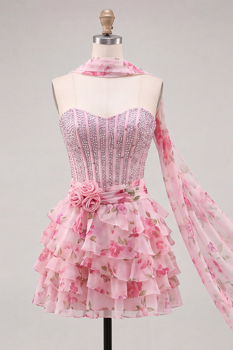 Laden Sie das Bild in den Galerie-Viewer, A-Line Pink Sweetheart Korsett, gestuftes Blumenperlen-Homecoming-Kleid mit Halsschal