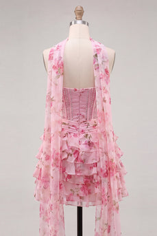A-Linie Rosa Sweetheart Korsett Gestuftes Blumen Strasssteinen Kurzes Abendkleid mit Halsschal