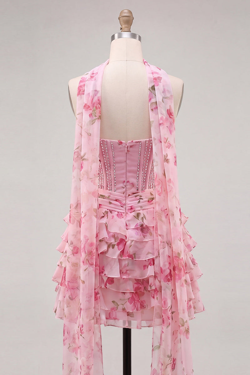 Laden Sie das Bild in den Galerie-Viewer, A-Line Pink Sweetheart Korsett, gestuftes Blumenperlen-Homecoming-Kleid mit Halsschal